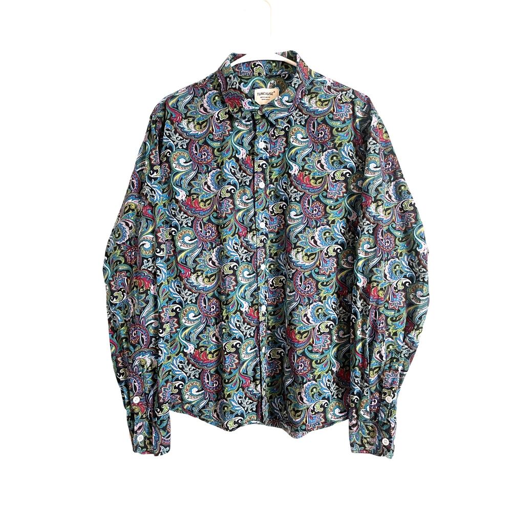 Tunevuse Men's Paisley Shirt Button Down Collar blue aqua purple cotton Large